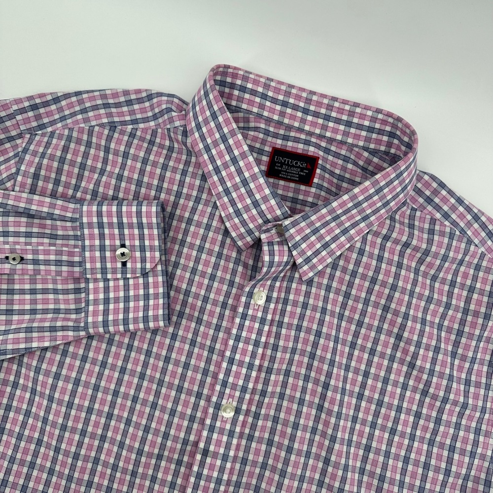 UNTUCKIT XX-Large Slim Fit Wrinkle Free Pink Blue Checkered Shirt‎